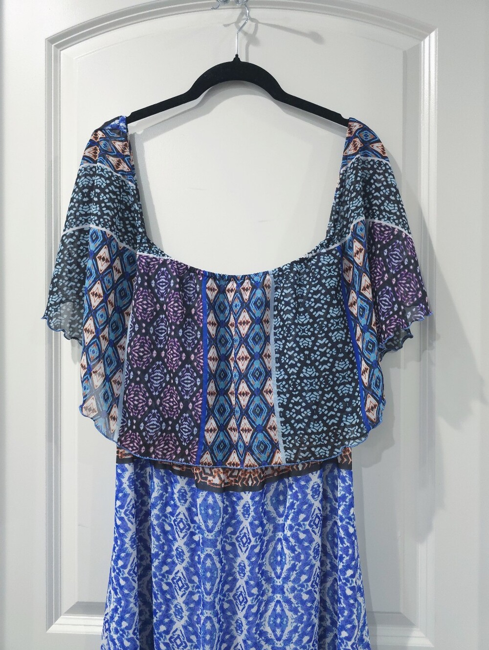 CHICOS Boho Off-Shoulder Patchwork Geometric Print Maxi Dress, Size 1, Medium - Picture 4 of 14